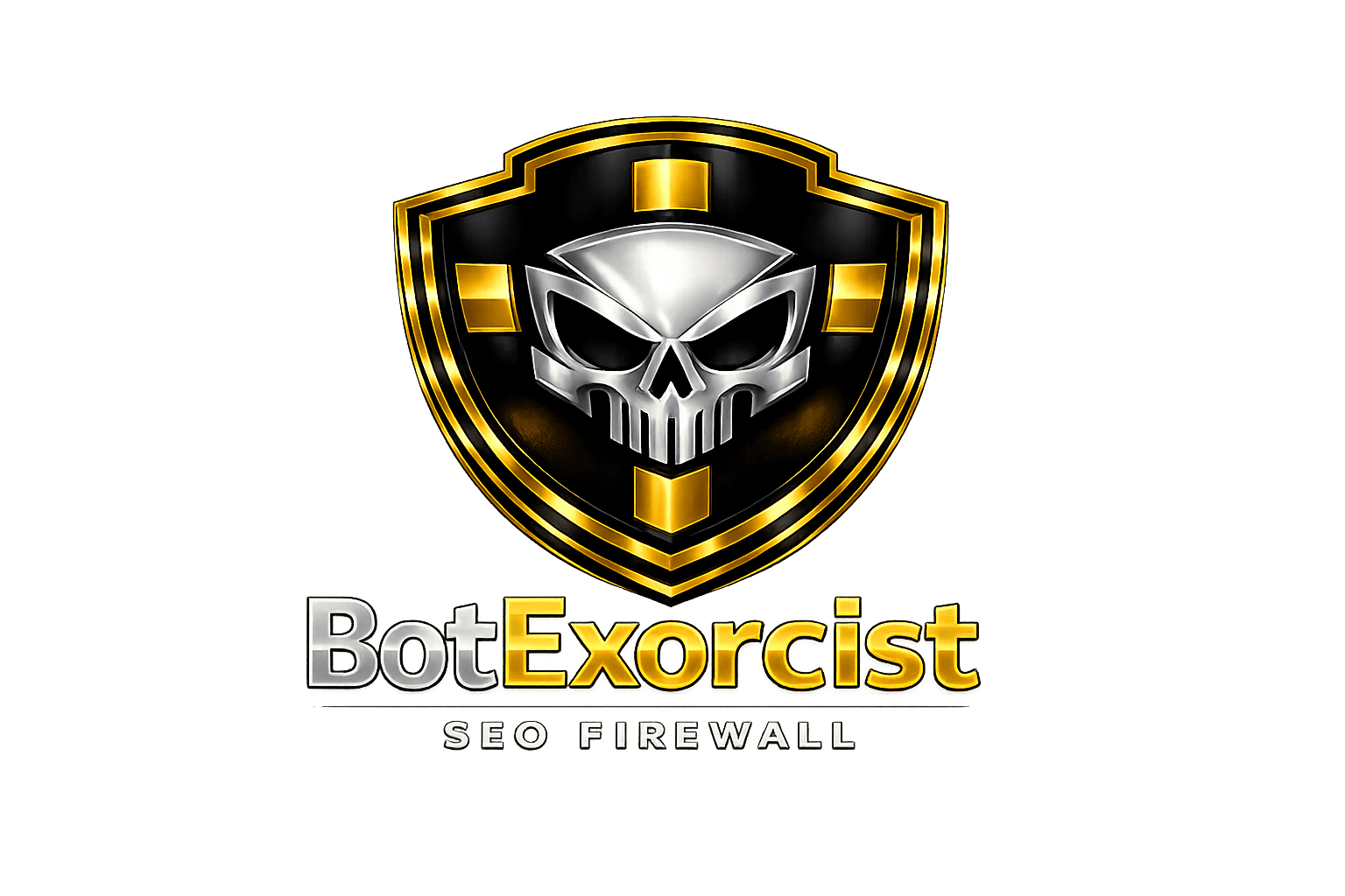Logo of Bot Exorcist SEO firewall featuring a skull shield design.